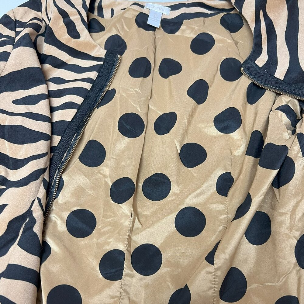 #140 Chico's Tan Black Zebra-Stripes Zip-Up Dress Jacket Blazer Size 3 (16) - Picture 7 of 7